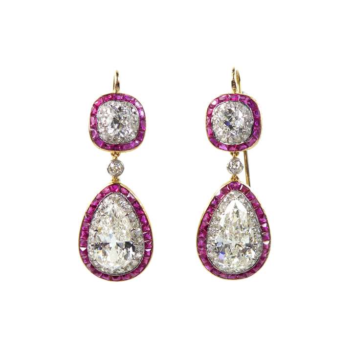 Pair of early diamond and ruby drop cluster pendant earrings